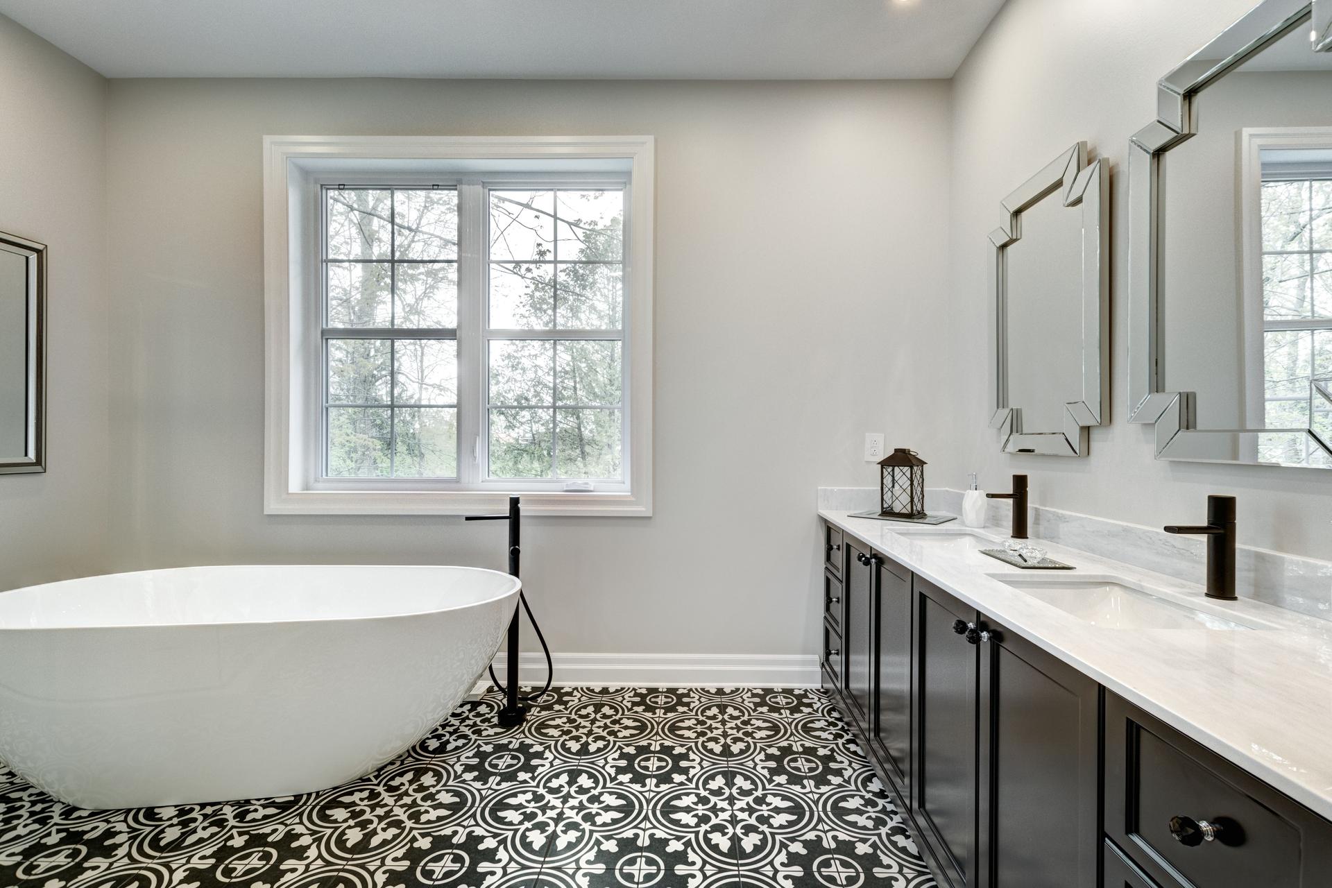 Newly renovated bathroom beautiful center of the room bathtub 